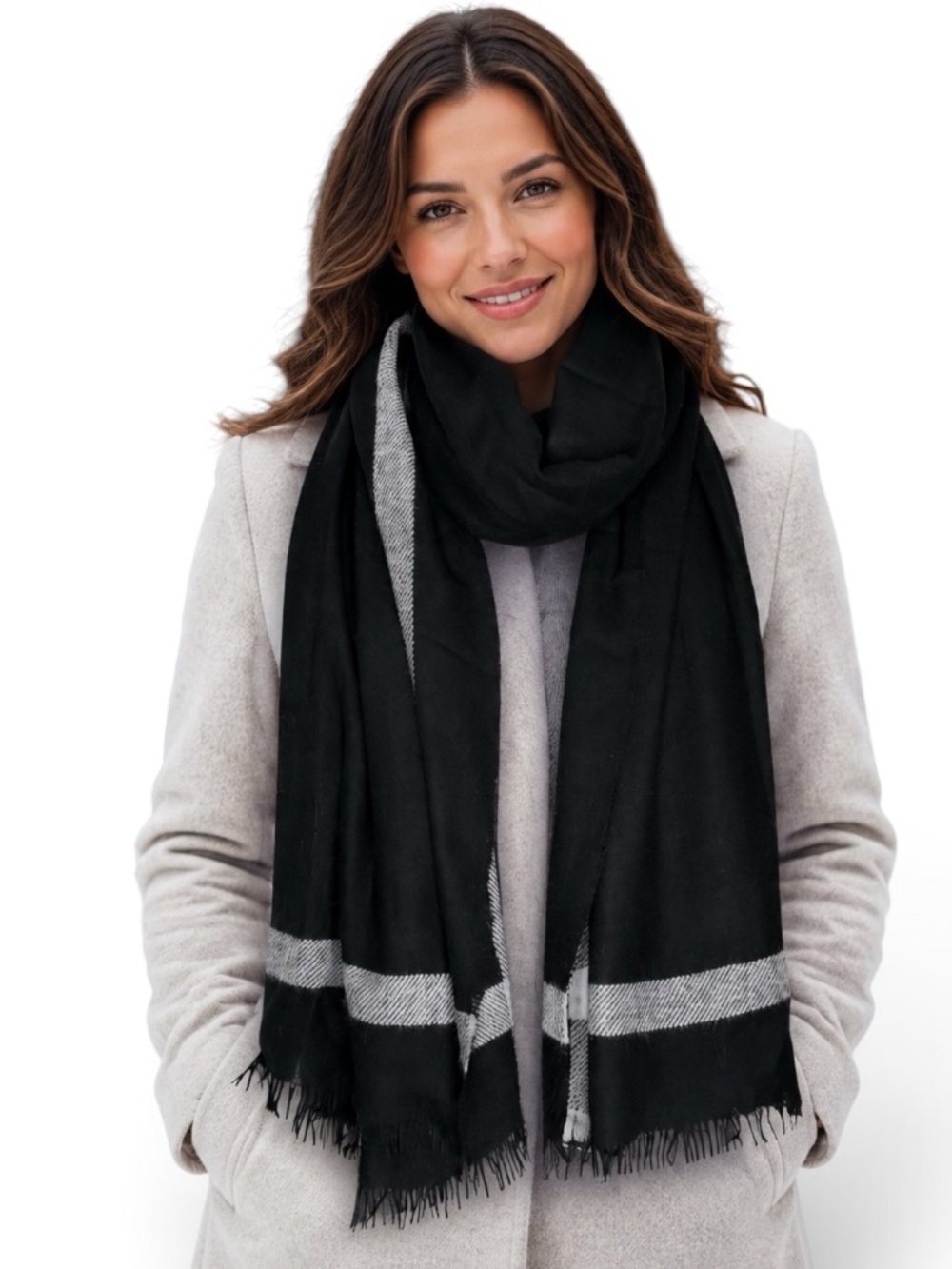 Vince Double-Face Check Merino Wool Cashmere Fringe Scarf Black Gray Border NWOT